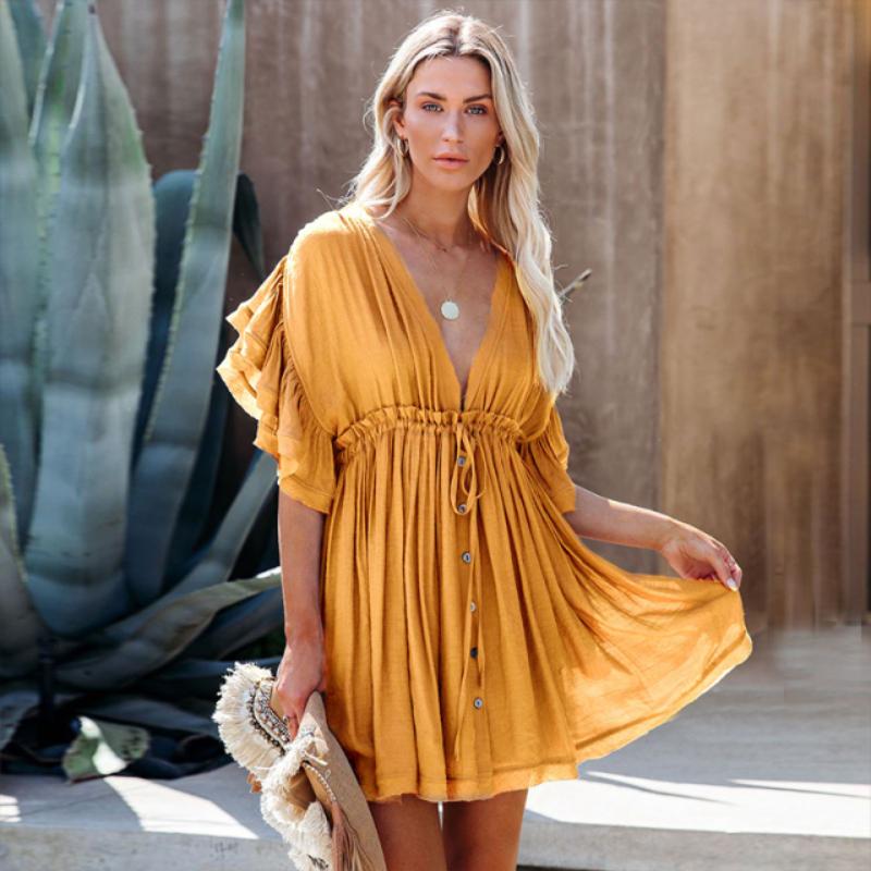 boho beach mini dress Sundress Short Dress Boho Mini Dress, Top Beach Cover Up Tassel Tie, B7530, LotusTraders
