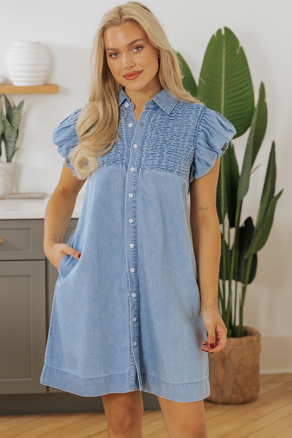 Boho Flutter Sleeve Denim Mini Dress