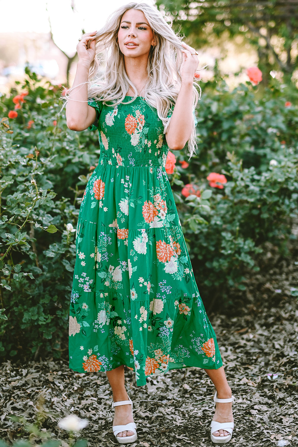 bohemian layered dresses Boho Smocked Tiered Maxi Dress 15EOS25 1800s Black Dresses - round Bust Select Jacket & Vest Size:EU50/US40