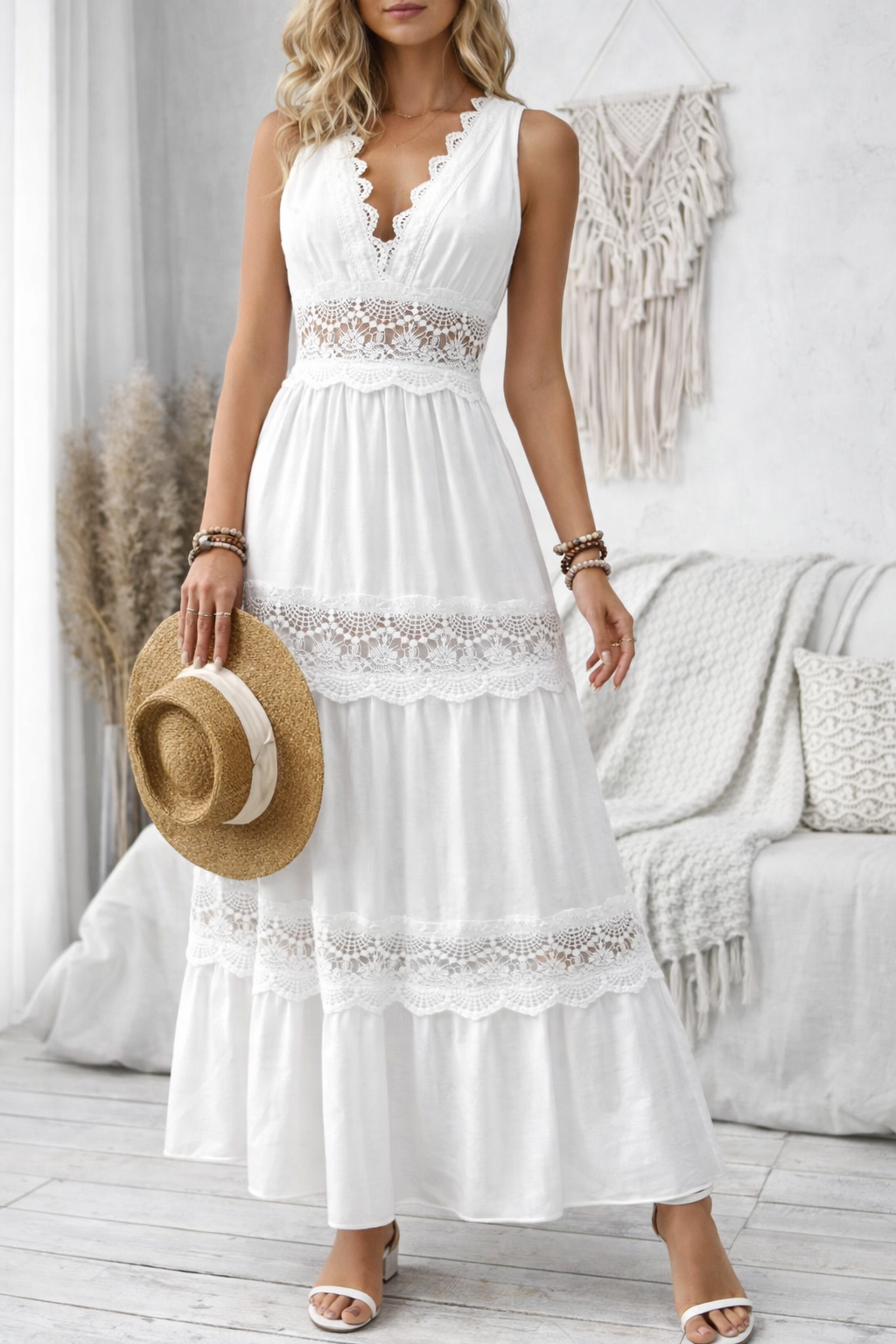 White Lace Boho Maxi Dress