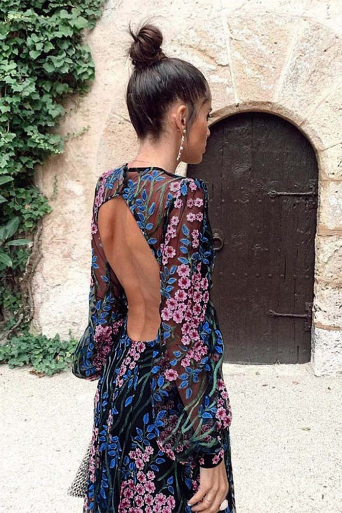 Black Floral Boho Dress backless