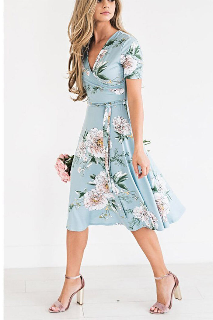 Blue Floral Boho Midi Dress 