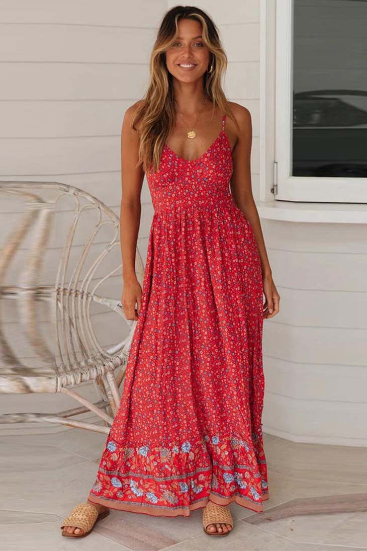 Boho Empire Waist Maxi Dress red