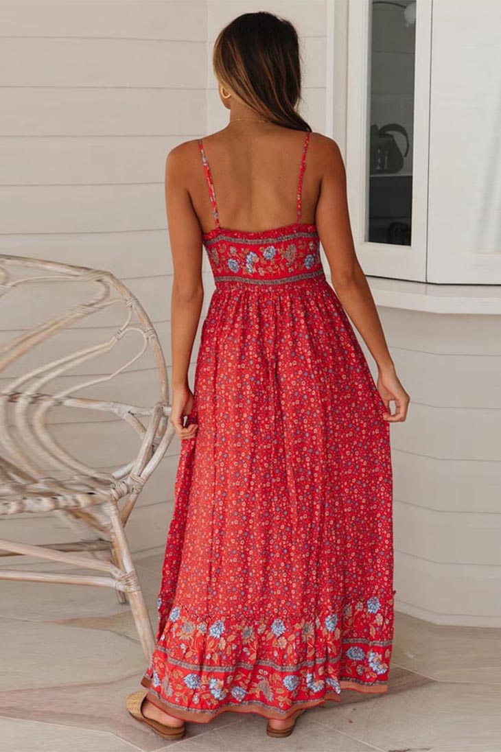Boho Empire Waist Maxi Dress red backless