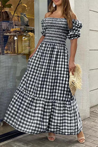 Boho Maxi Dress Gingham Square Neck