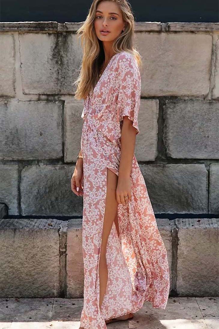 Boho Maxi Dress Pink Wrap