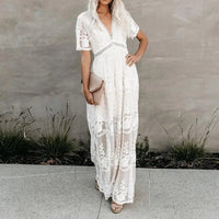 Boho Maxi Dress White Short Sleeve