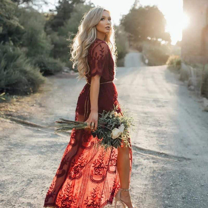 red lace boho dress Red Bohemian V Neck Ruffled Lace High Waist Boho Maxi Dress Coachella Dress Red / L