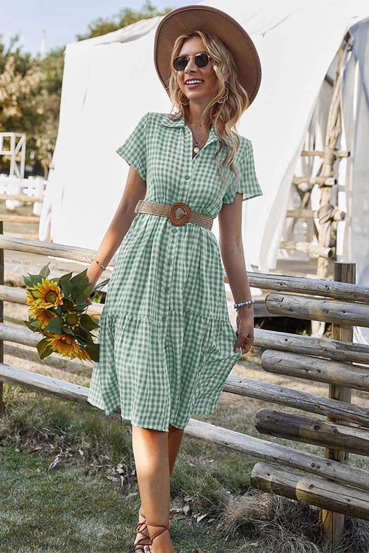 Boho Midi Dress Gingham Vintage