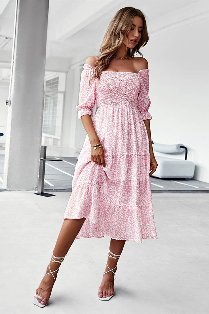 Boho Midi Dress off shoulder Pink