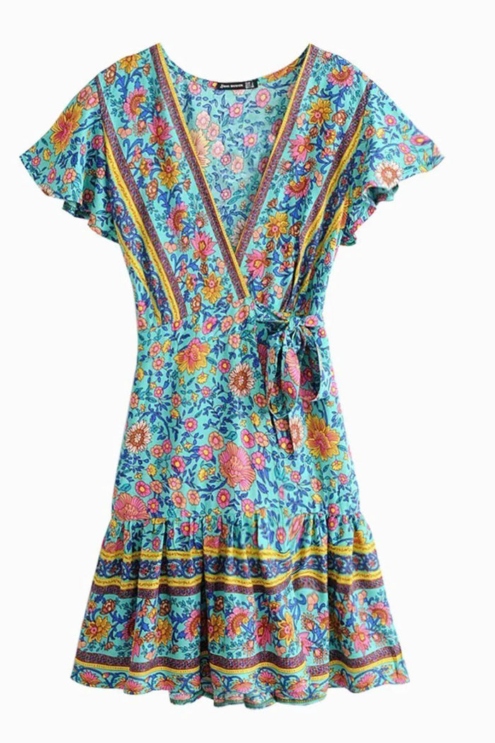 Boho Mini Dress Green Floral