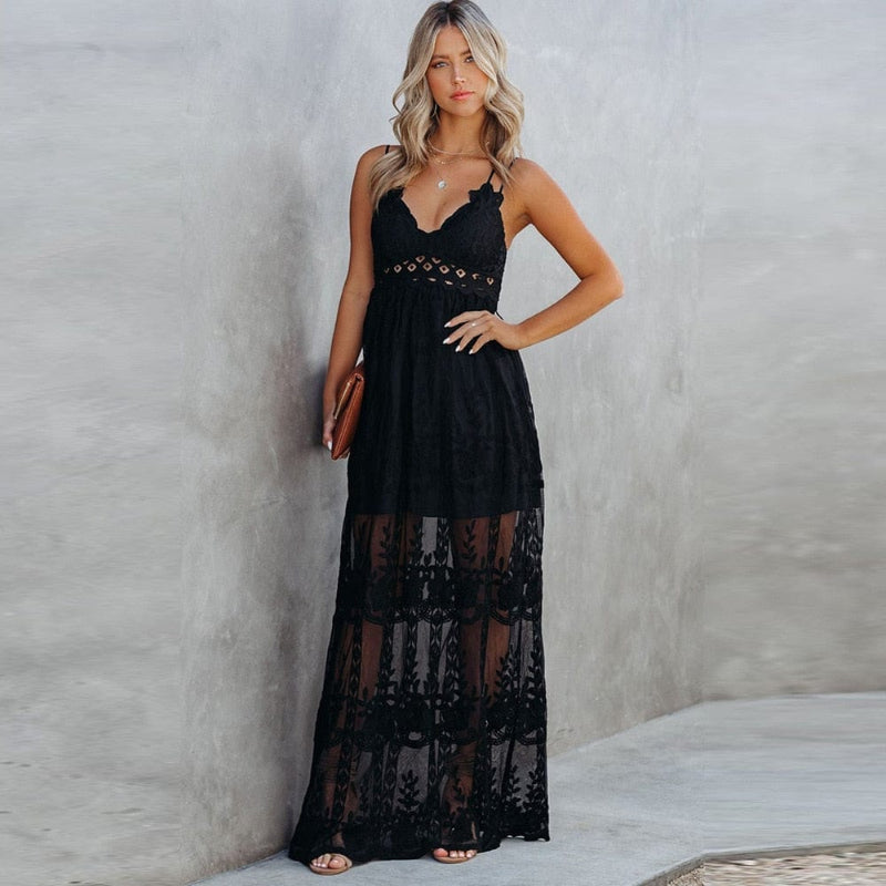 Boho Spaghetti Strap Dress Black