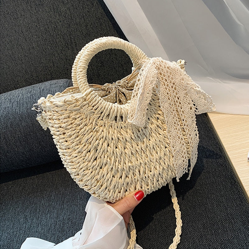 Boho Straw Beach Bag black