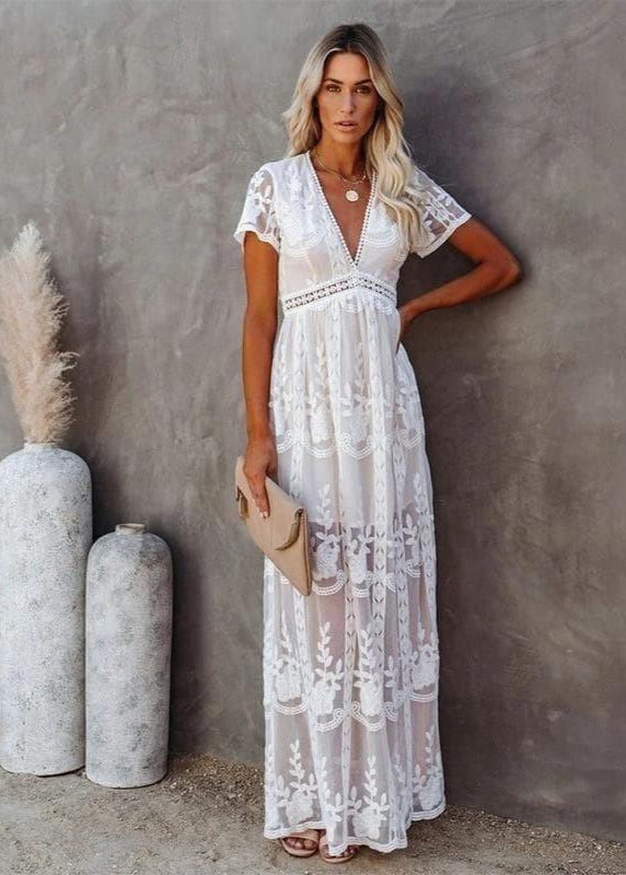 Boho White Lace Maxi Dress