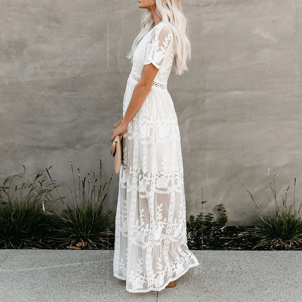 Boho White Lace Maxi Dress