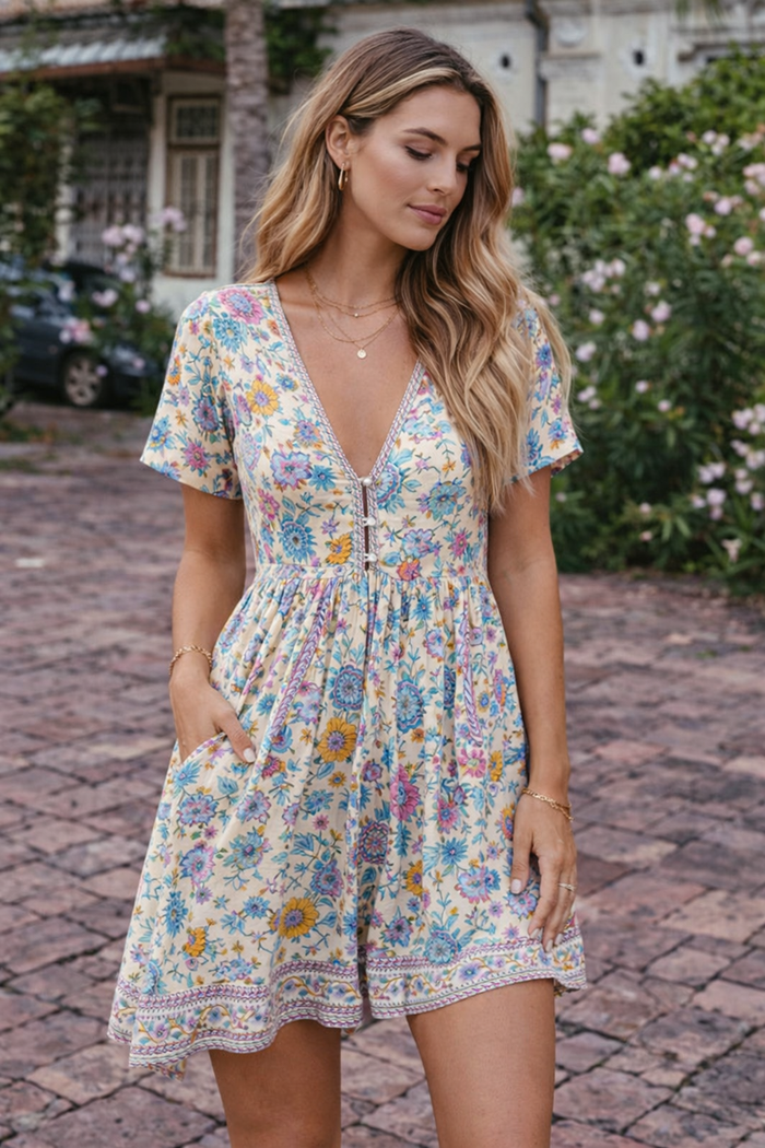 Cream Floral Mini Dress