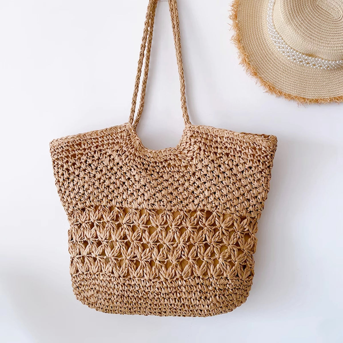 Crochet Straw Tote Bag brown