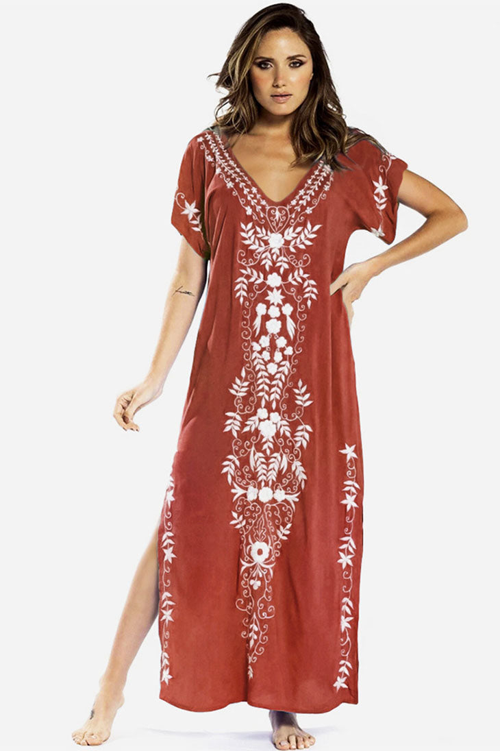 Embroidered Short Sleeve Dress red