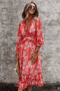 Floral Wrap Midi Dress red