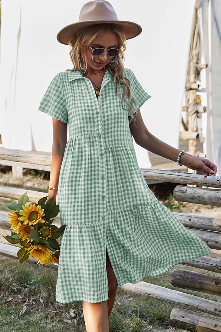 Boho Midi Dress Gingham Vintage