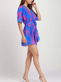 Short Sleeve Boho Mini Dress blue