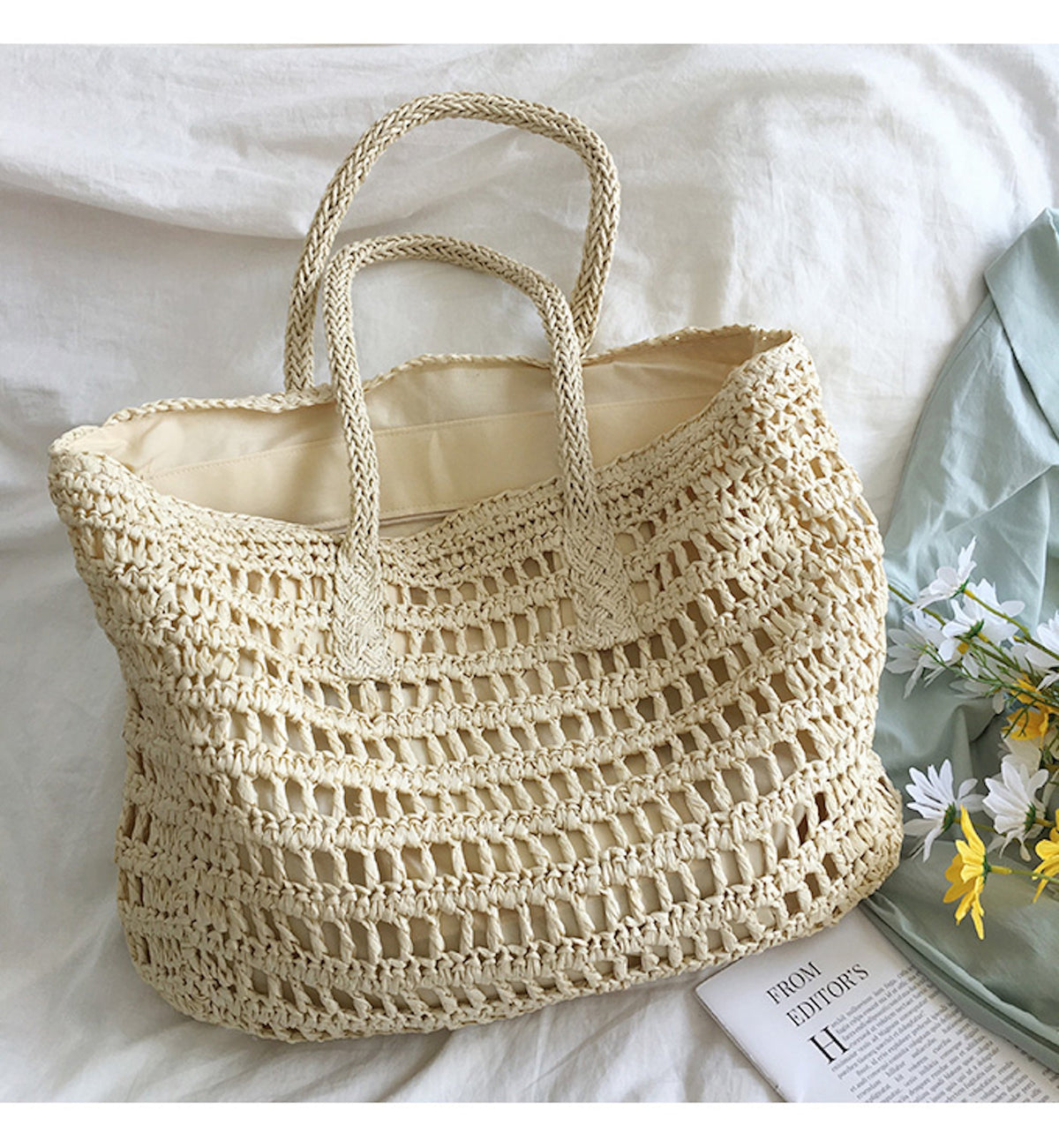 Straw Tote Bag Leather
