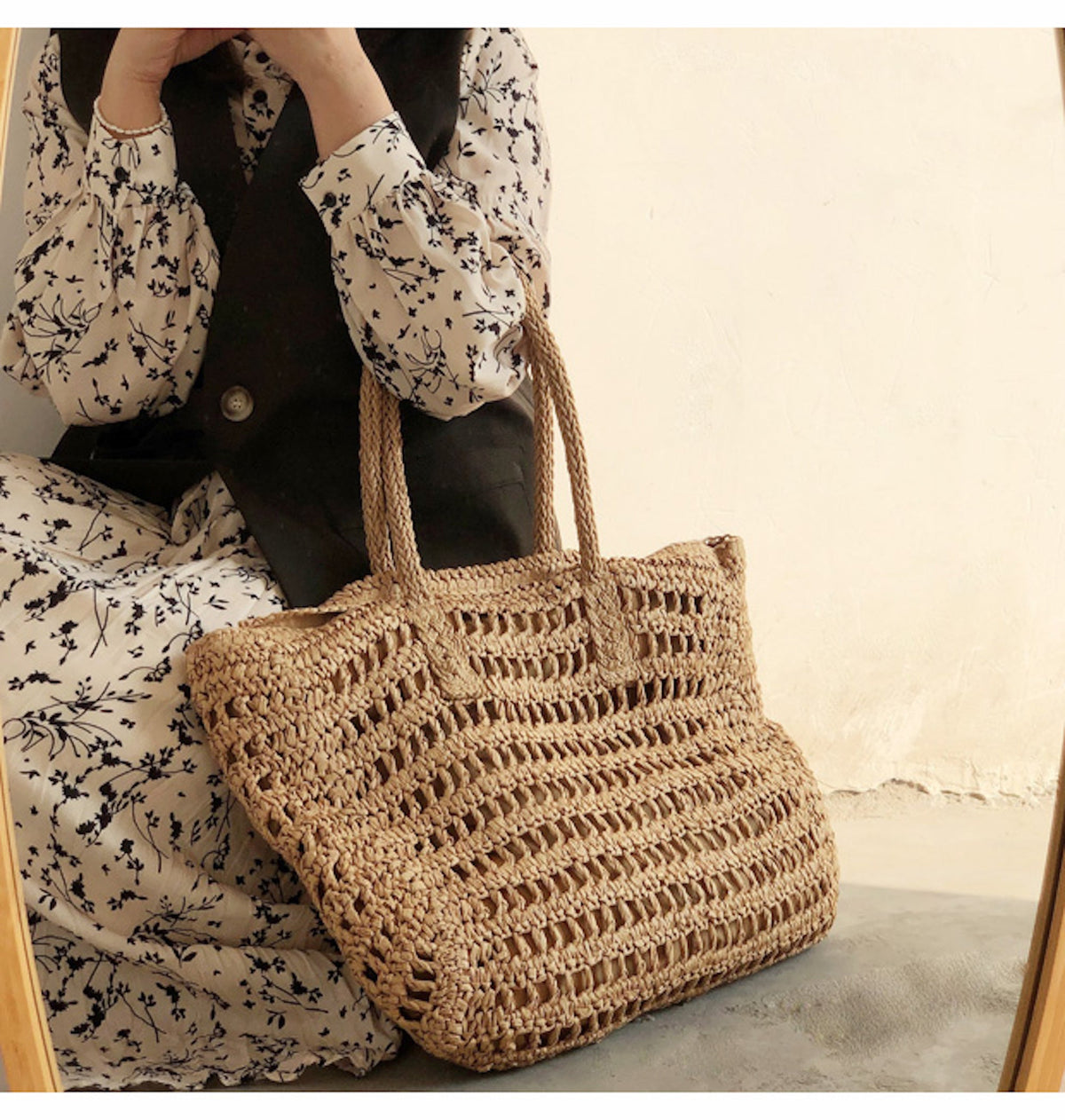 Straw Tote Bag Leather Handles