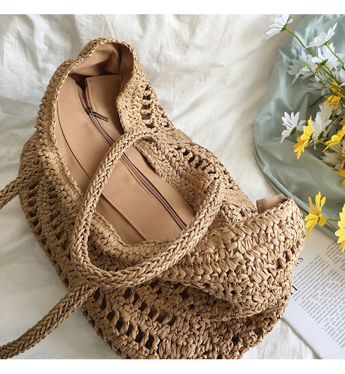 Straw Tote Bag Leather Handles beach