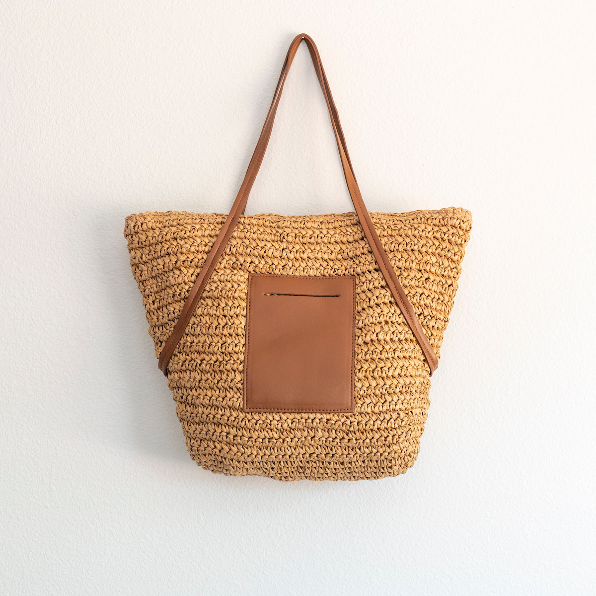 Straw Tote Bag Leather Pocket