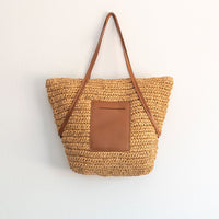 Straw Tote Bag Leather Pocket