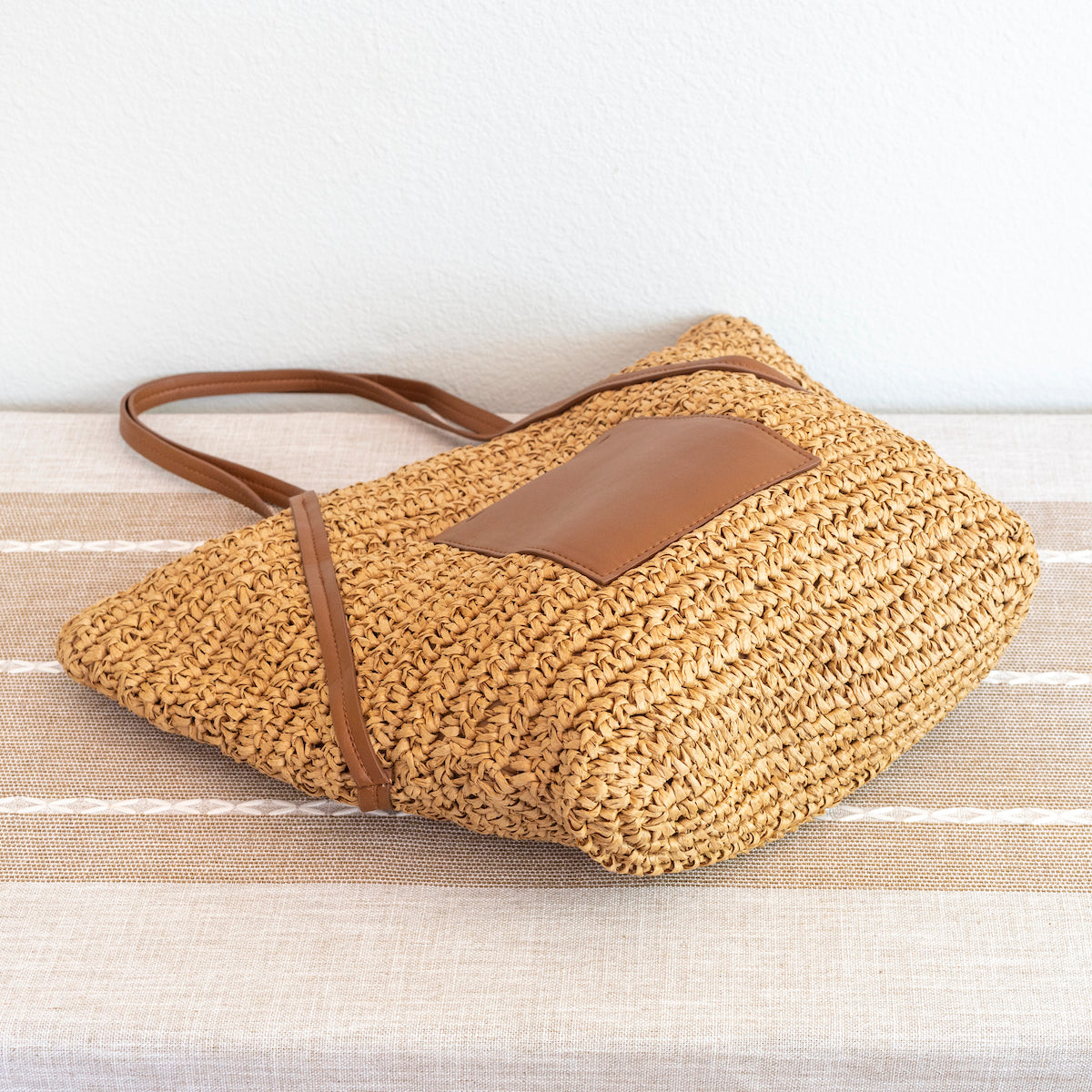Straw Tote Bag Leather Pocket