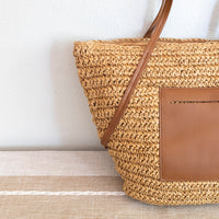 Straw Tote Bag Leather Pocket