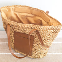 Straw Tote Bag Leather Pocket