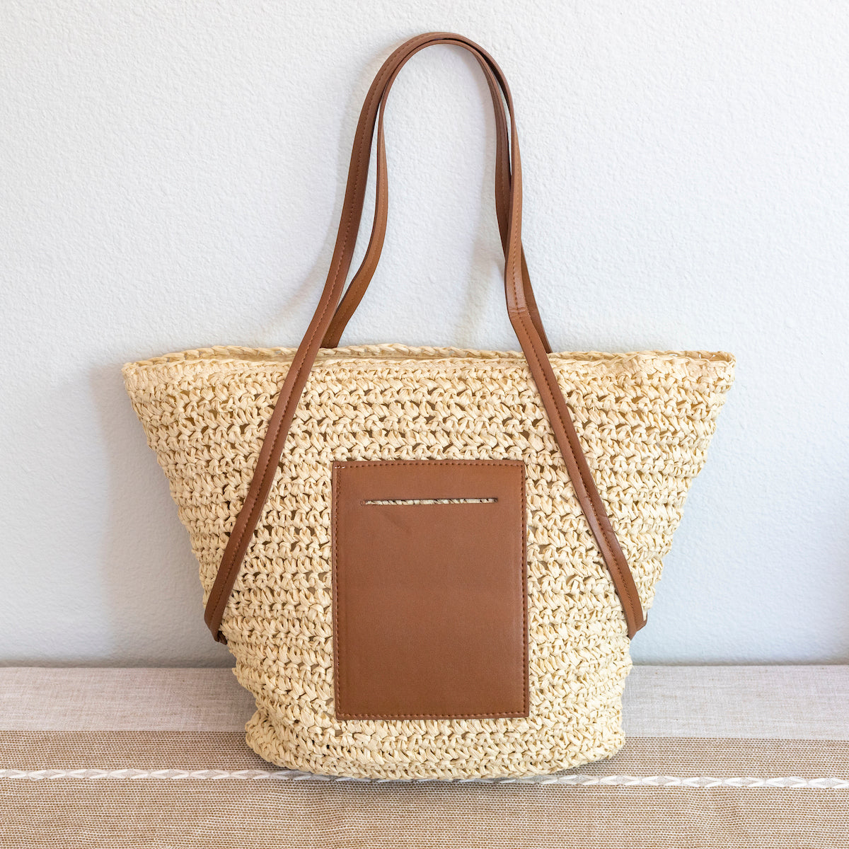 Straw Tote Bag Leather Pocket