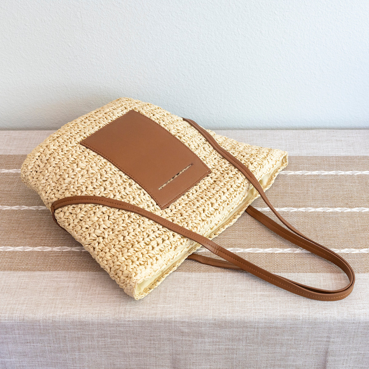 Straw Tote Bag Leather Pocket