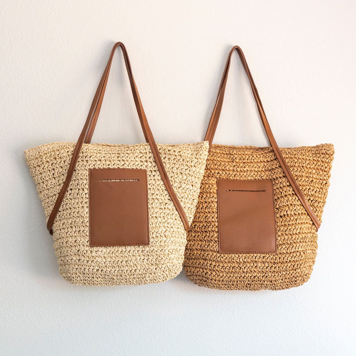 Straw Tote Bag Leather Pocket