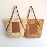 Straw Tote Bag Leather Pocket