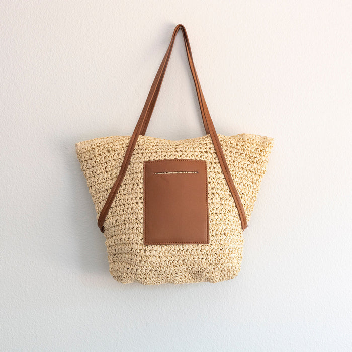 Straw Tote Bag Leather Pocket beach