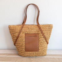 Straw Tote Bag Leather Pocket summer
