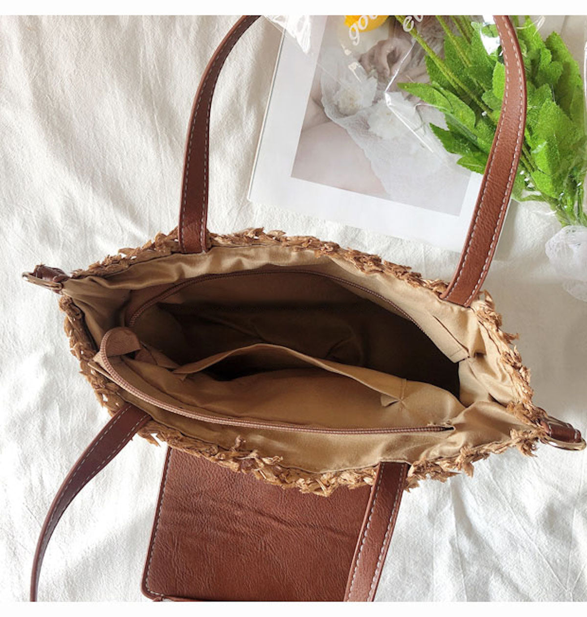 Straw and Leather Handbag