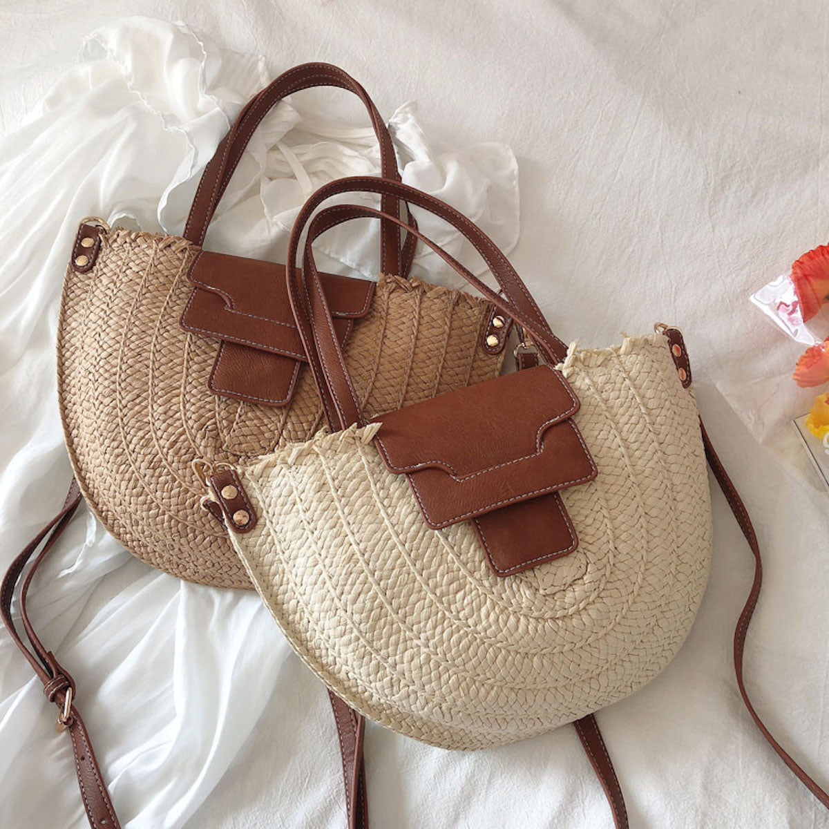 Straw and Leather Handbag brown