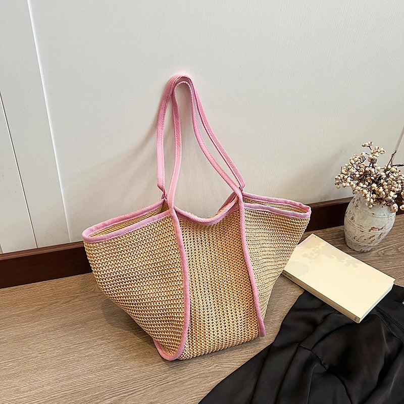 Summer Straw Tote Bags pink