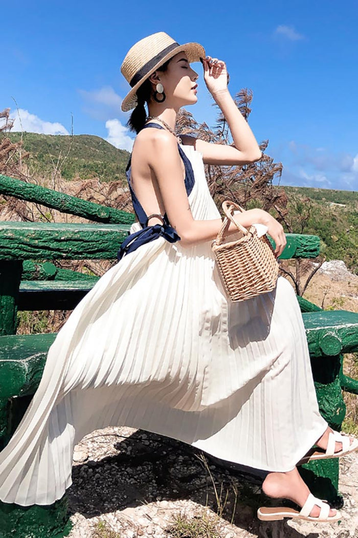 White Pleated Maxi Dress boho