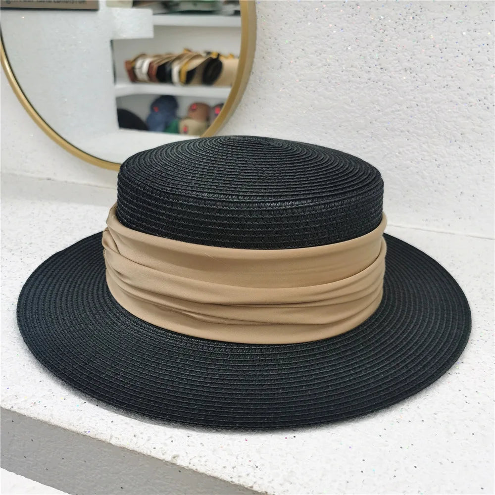Beige bohemian summer straw boater
