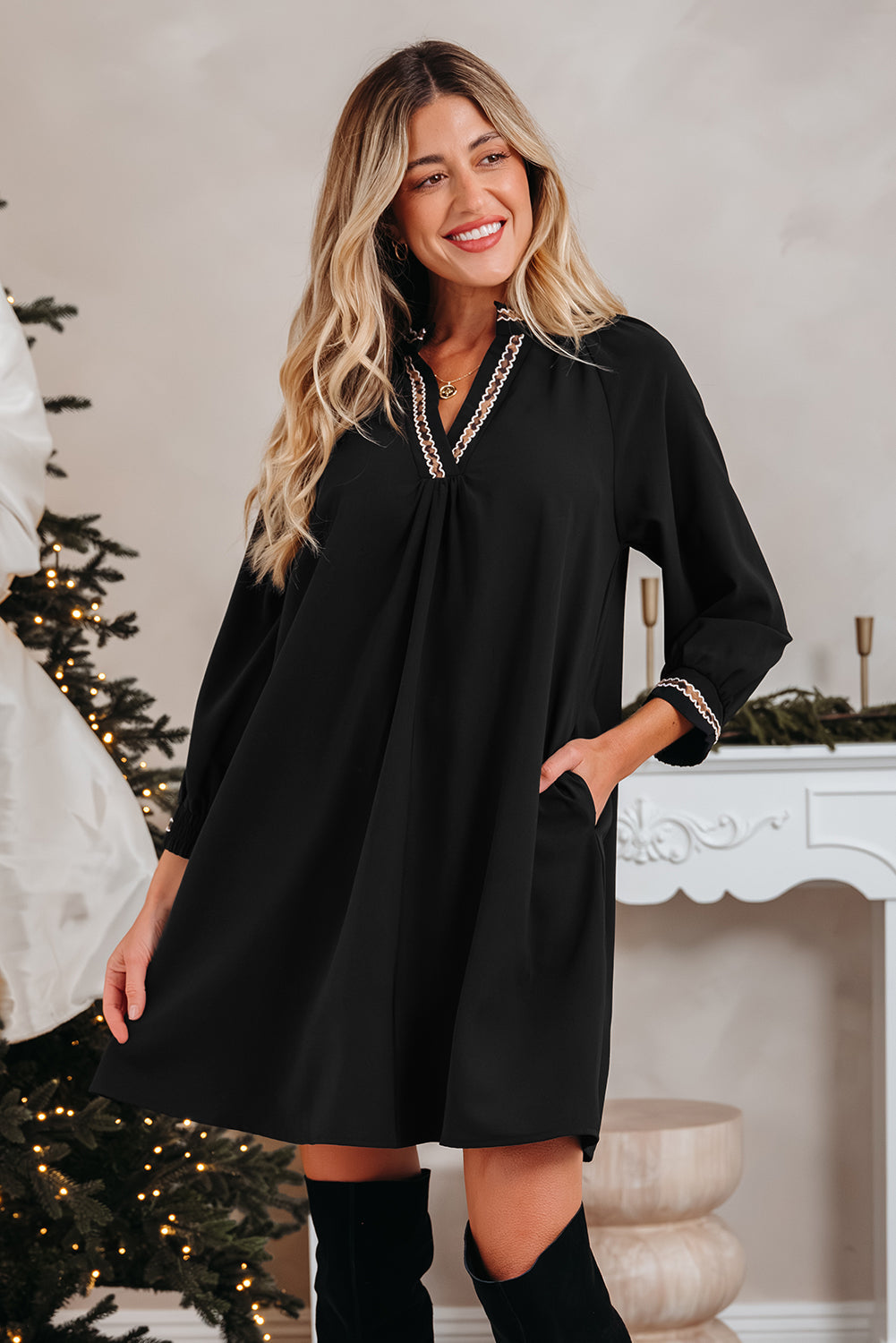 Black Bohemian Ruffle Hem Dress