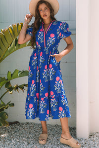 Blue botanical long bohemian dress