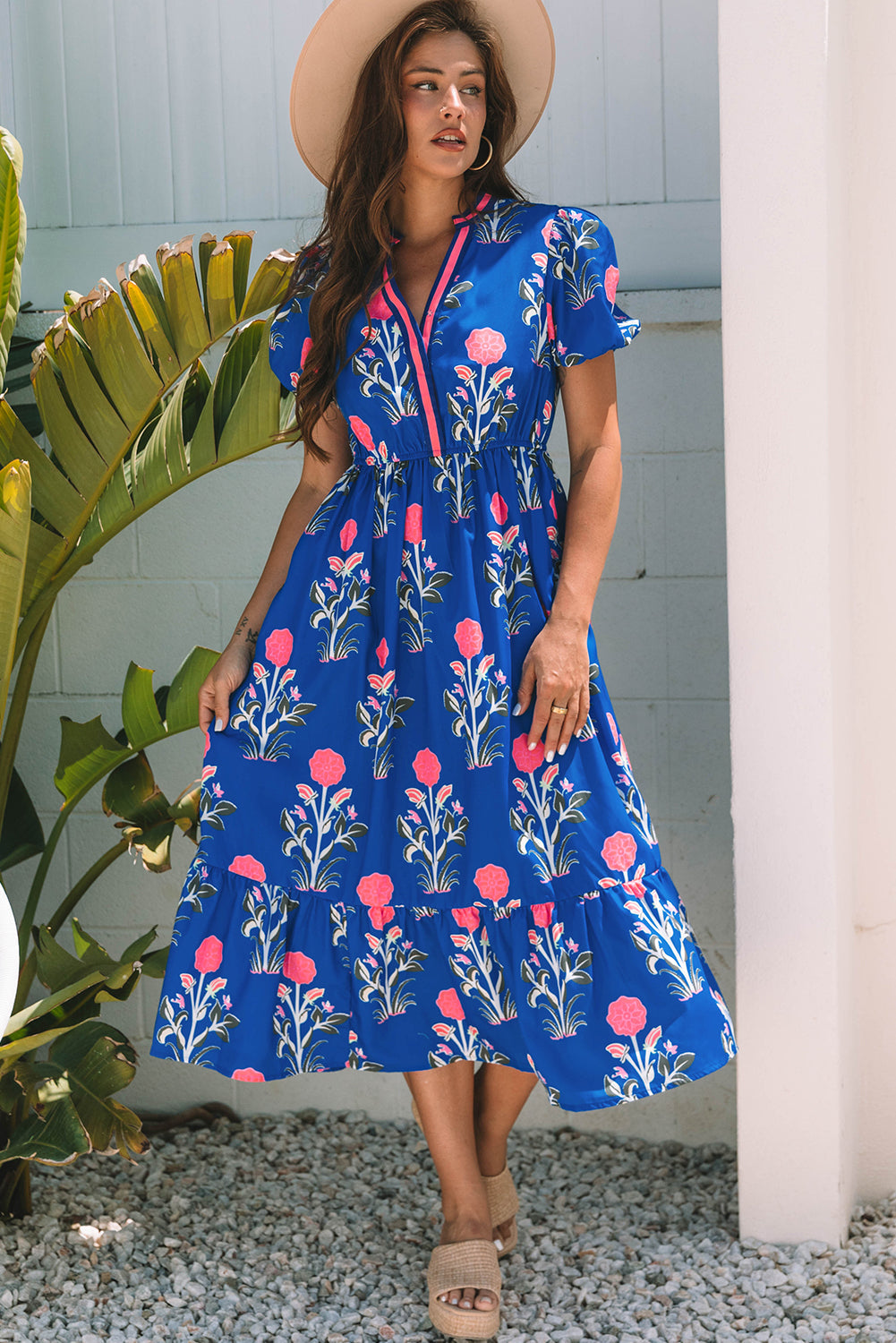 Blue Floral Puff Sleeve Maxi Dress