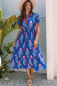 Blue Floral Puff Sleeve Maxi Dress