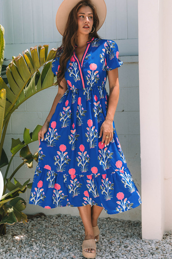 Blue Floral Puff Sleeve Maxi Dress