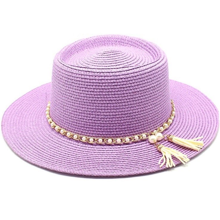 Bohemian beige flat-brim straw hat